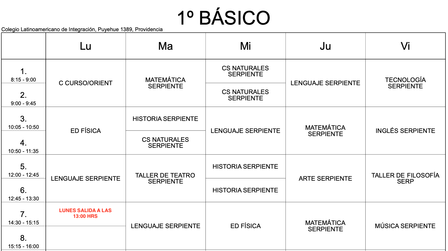 horario 1ro basico