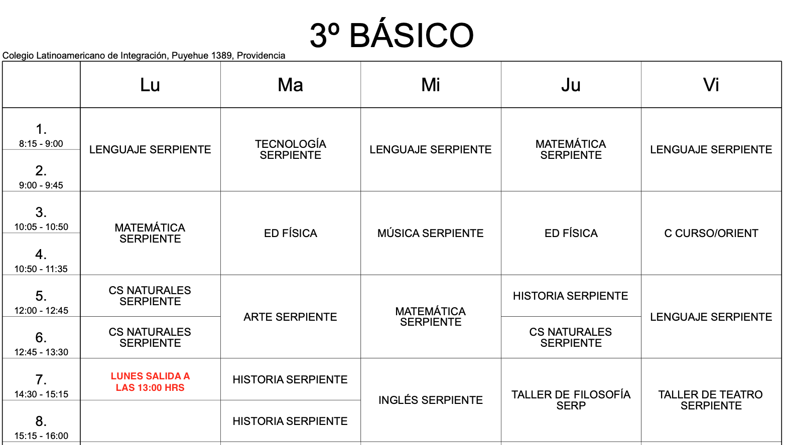 horario 3ro basico