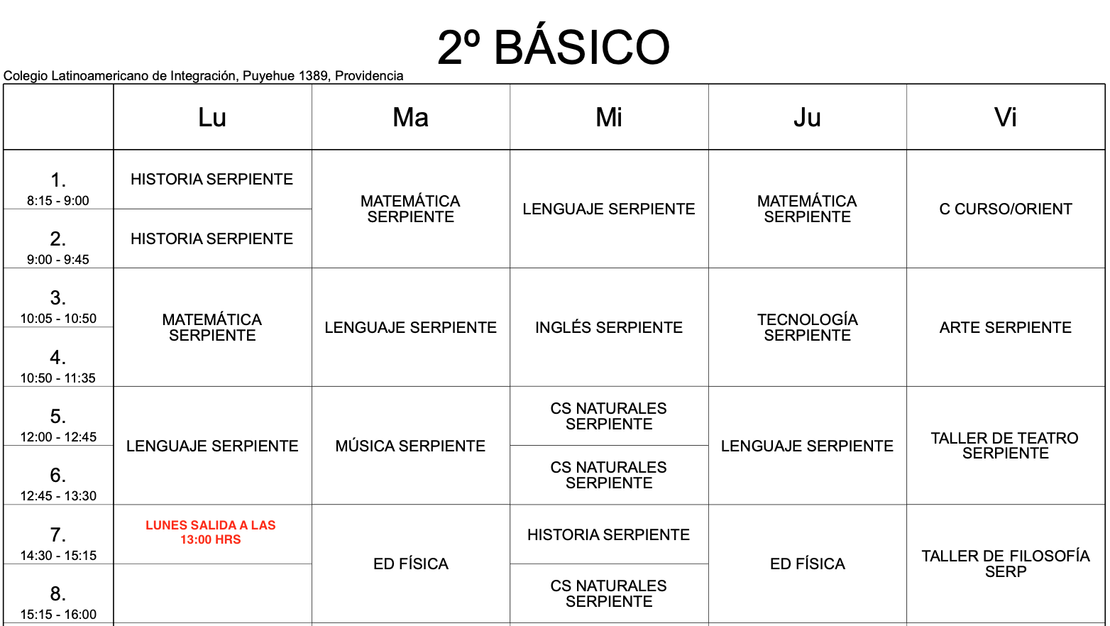 horario 2do basico