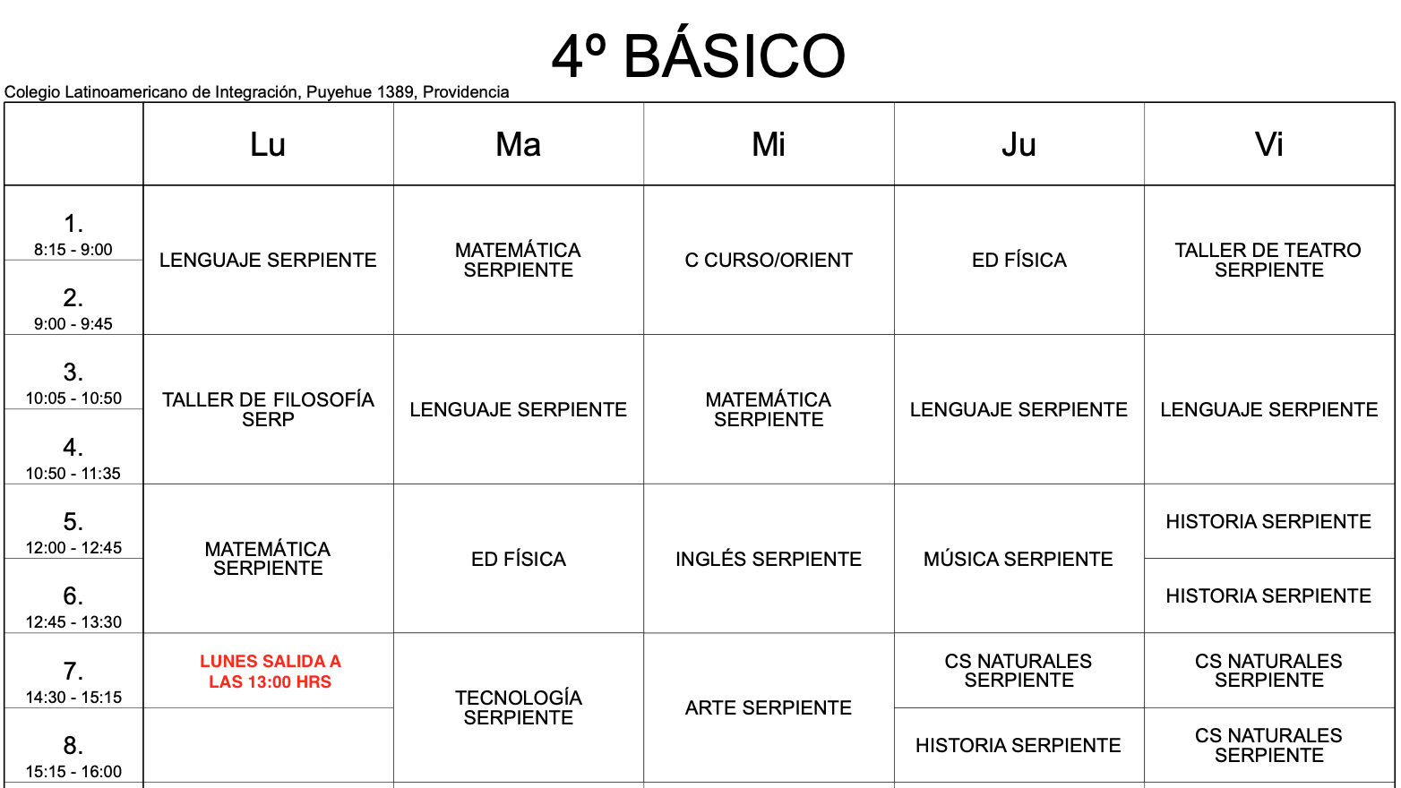 horario 4to basico