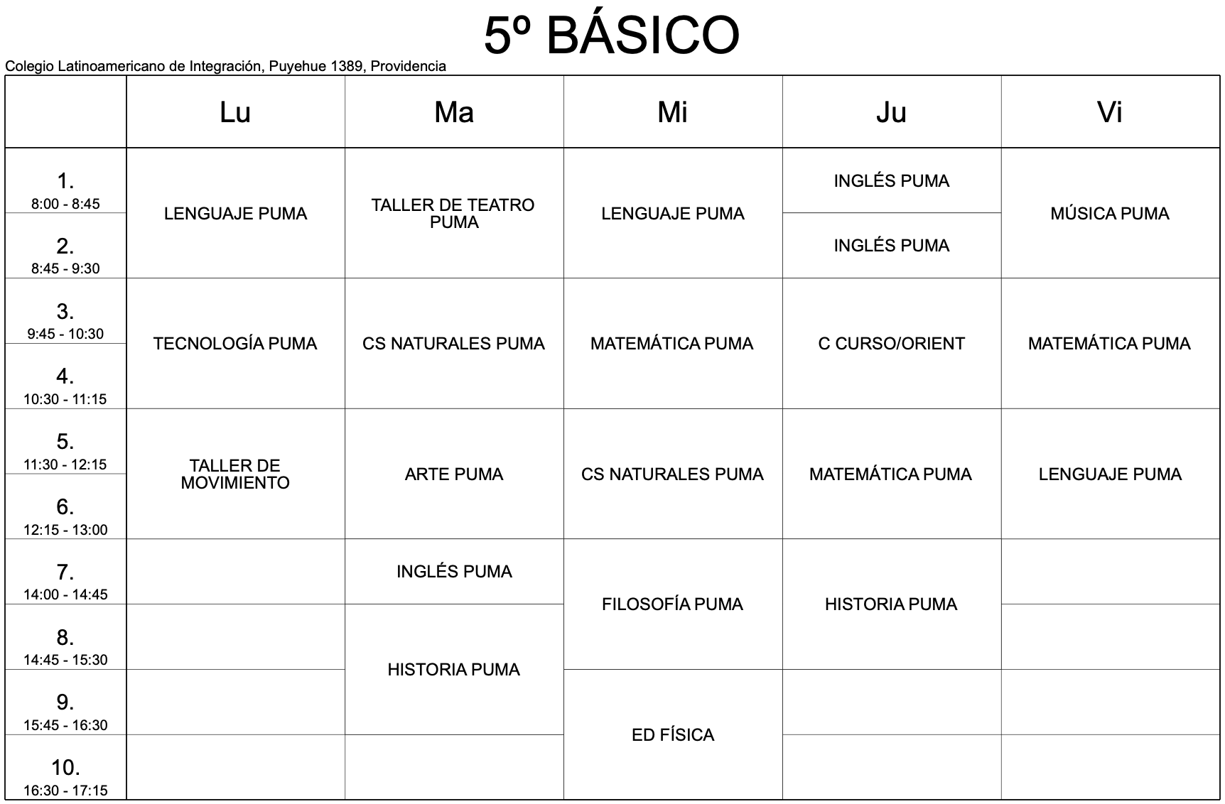 horario 5to basico