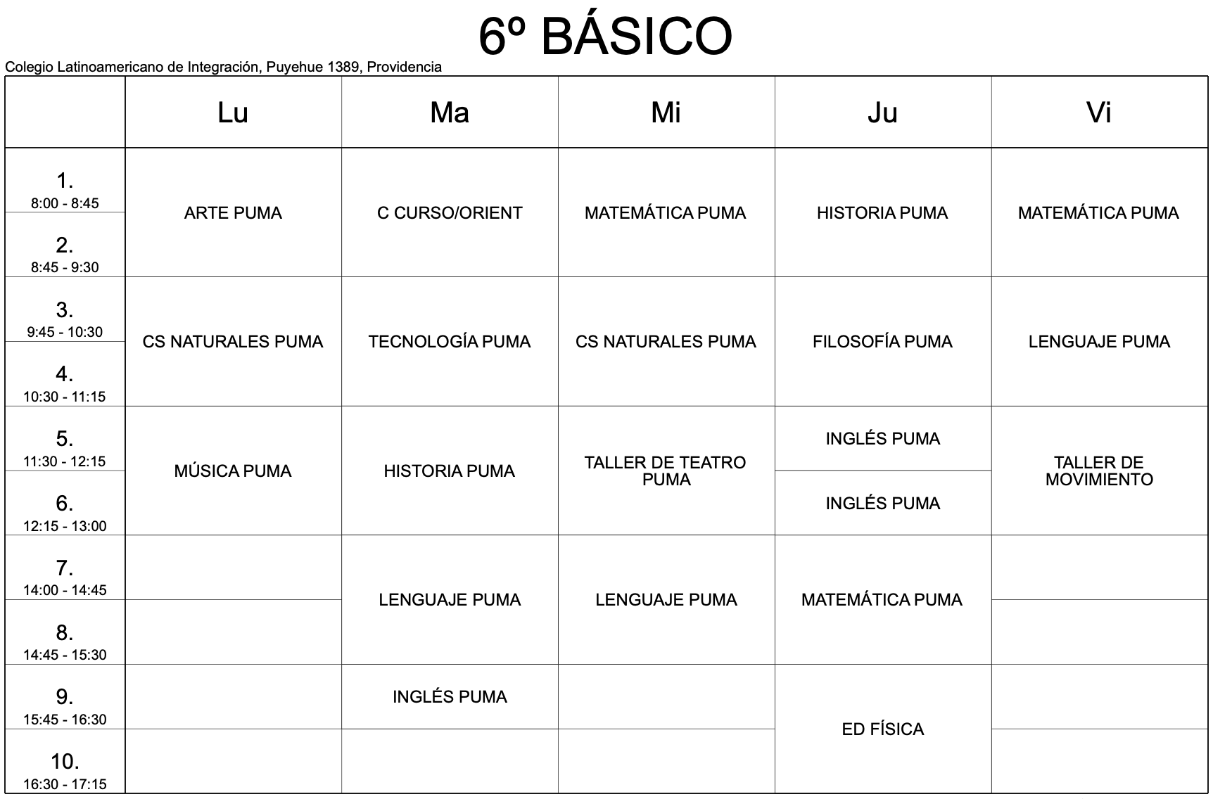 horario 6to basico