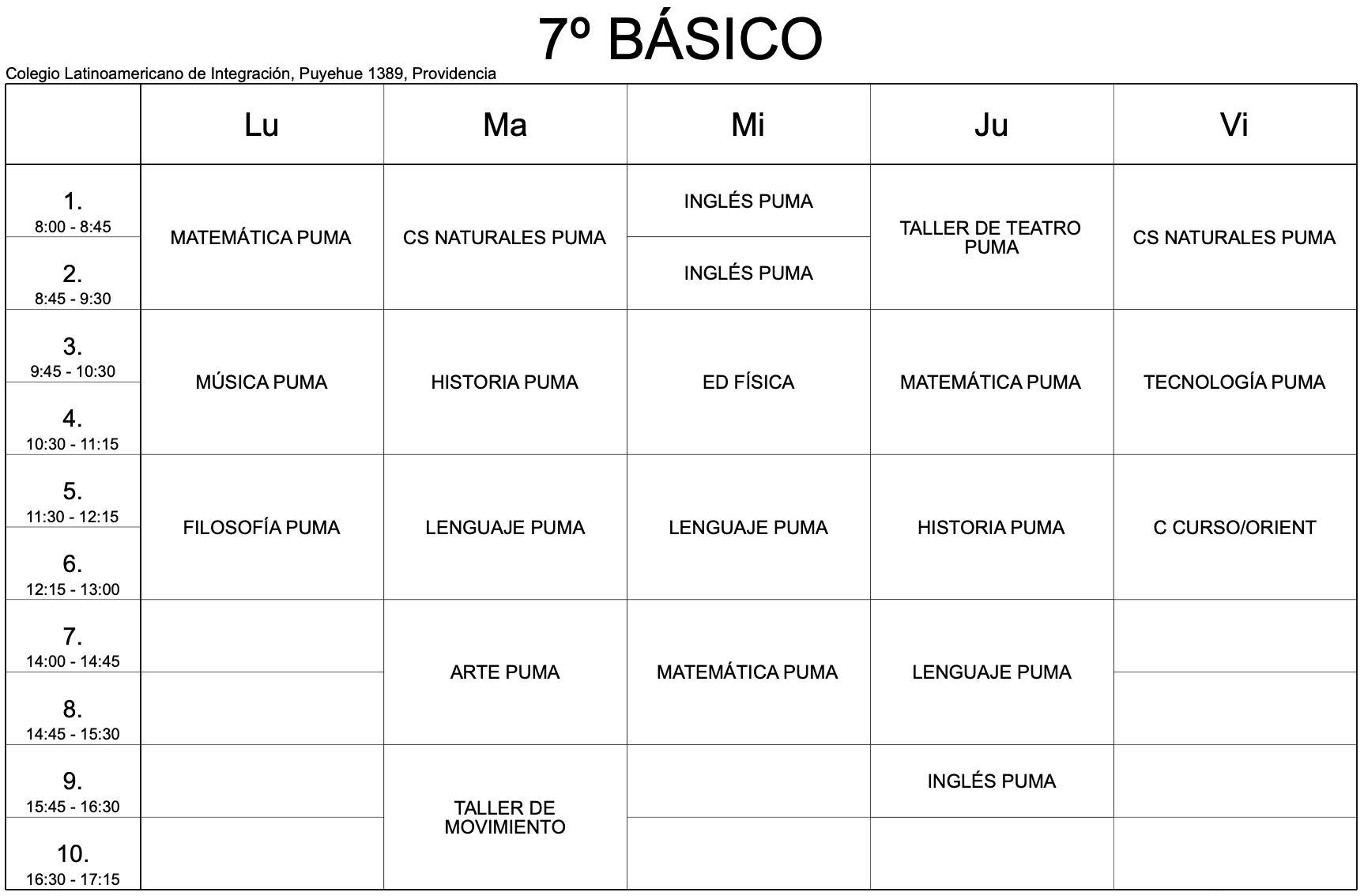 horario 7mo basico