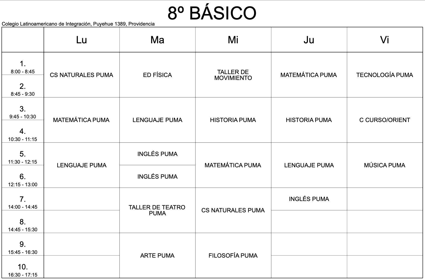 horario 8vo basico