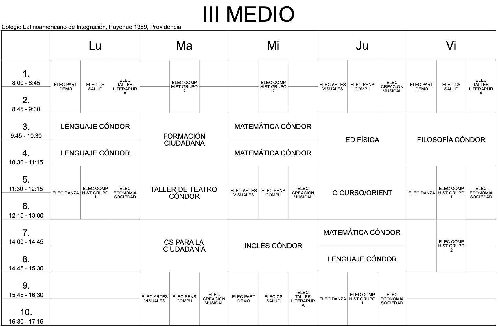 horario 3ro medio