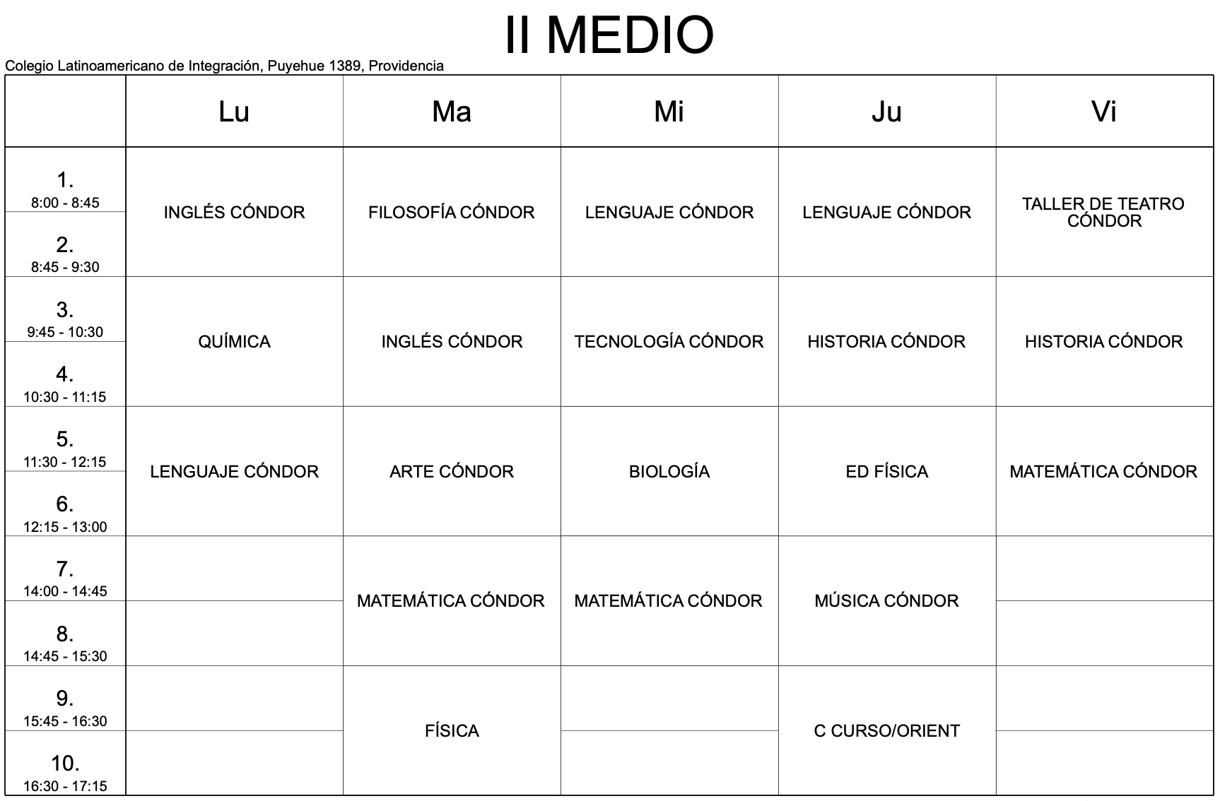 horario 2do medio