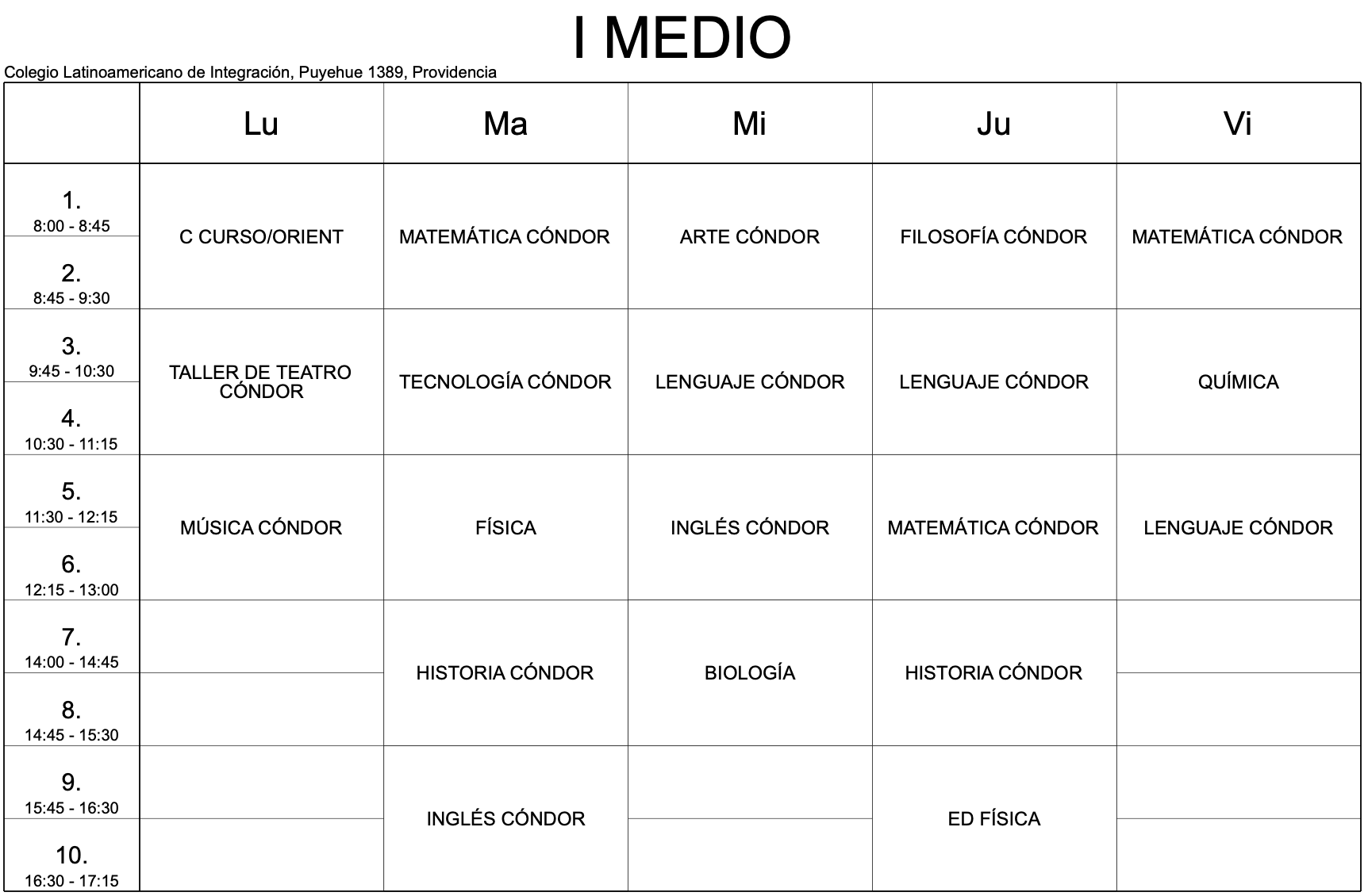 horario 1ro medio