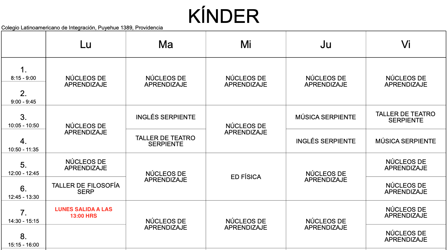 horario kínder