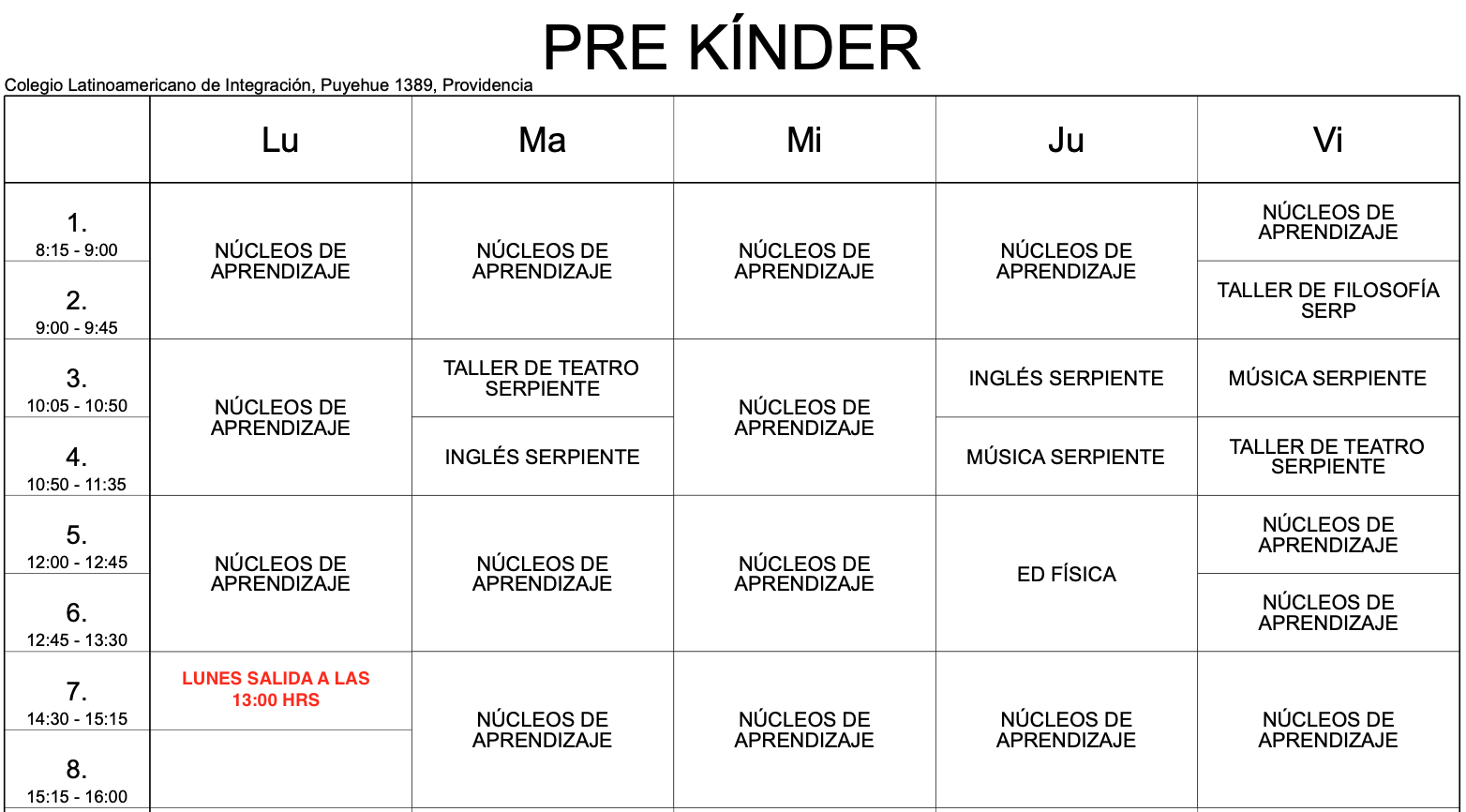 horario prekinder